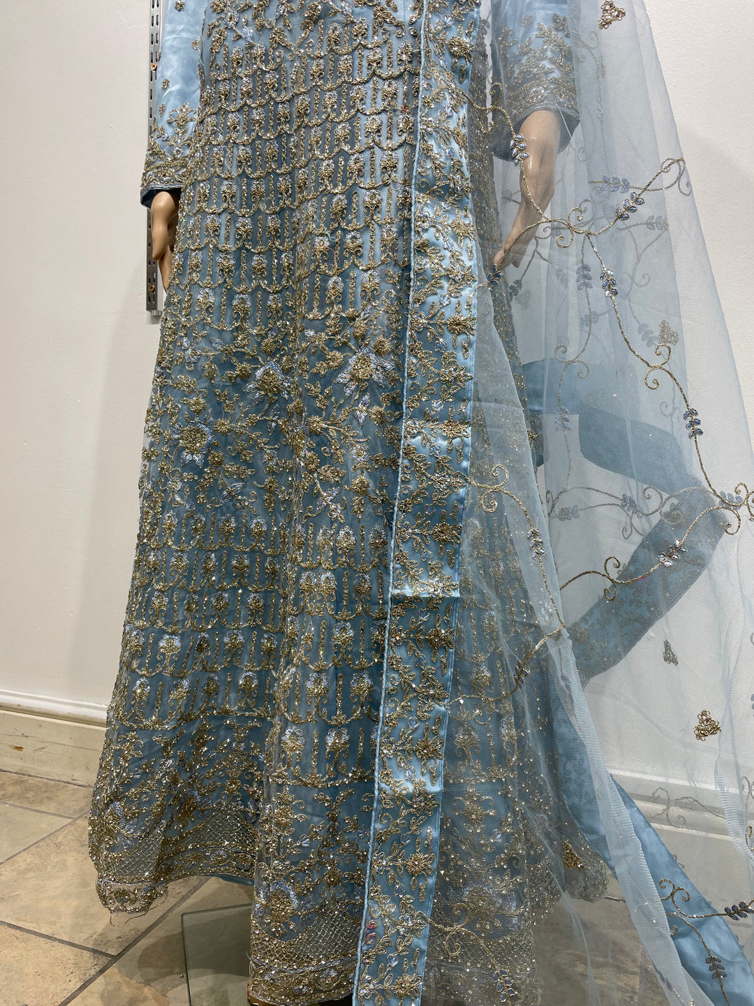 Yusra - Sky Blue Heavy Embroidered Net Party Gown with White Gold Embroidered - 3pcs