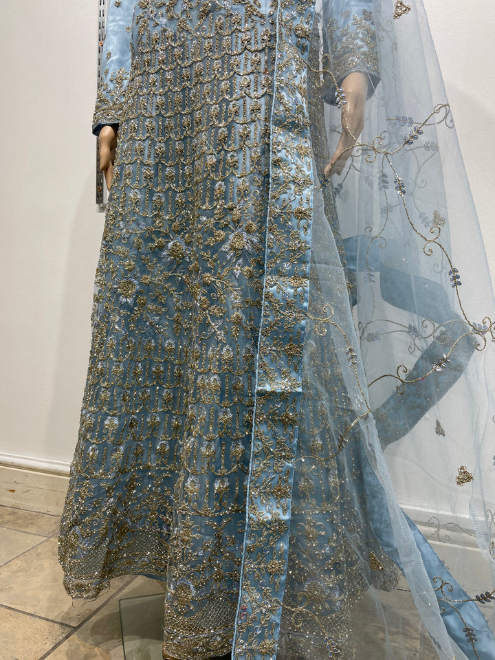 Yusra - Sky Blue Heavy Embroidered Net Party Gown with White Gold Embroidered - 3pcs
