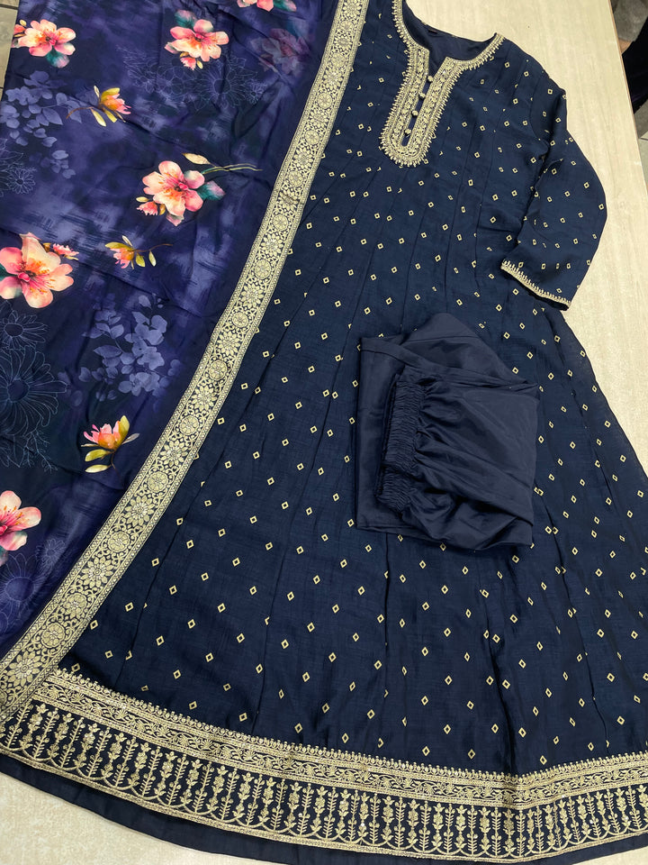 Iman - Navy Blue Embroidered Anarkali with digital print scarf - 3 Pcs