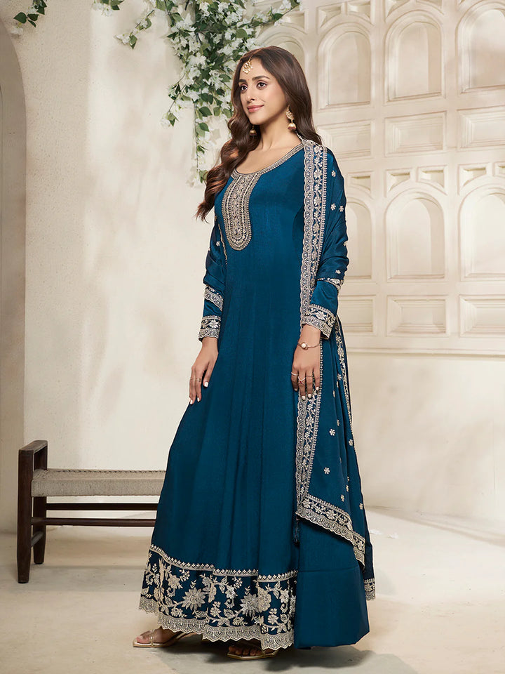 Nureh – Blue Chinon Embroidered Anarkali Suit with Scalloped Dupatta - 2pcs