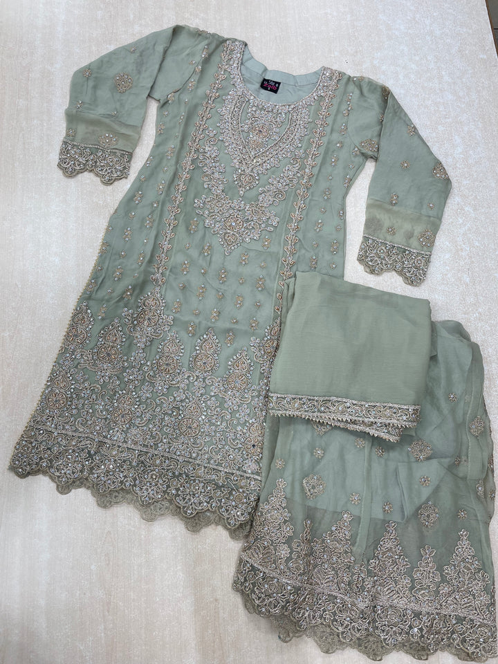 Aisha - Sage Green embroidered Plazo - Rose Gold Embroidered & Gem work - 3Pcs