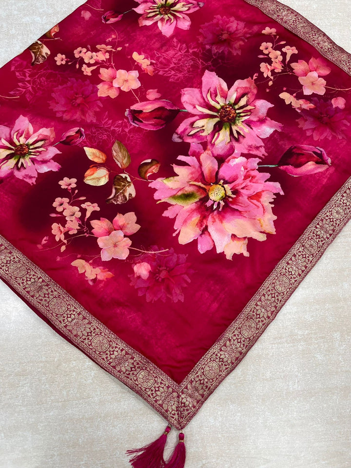 Floral Elegance – Cerise Pink Digital Print Dupatta with Zari Border