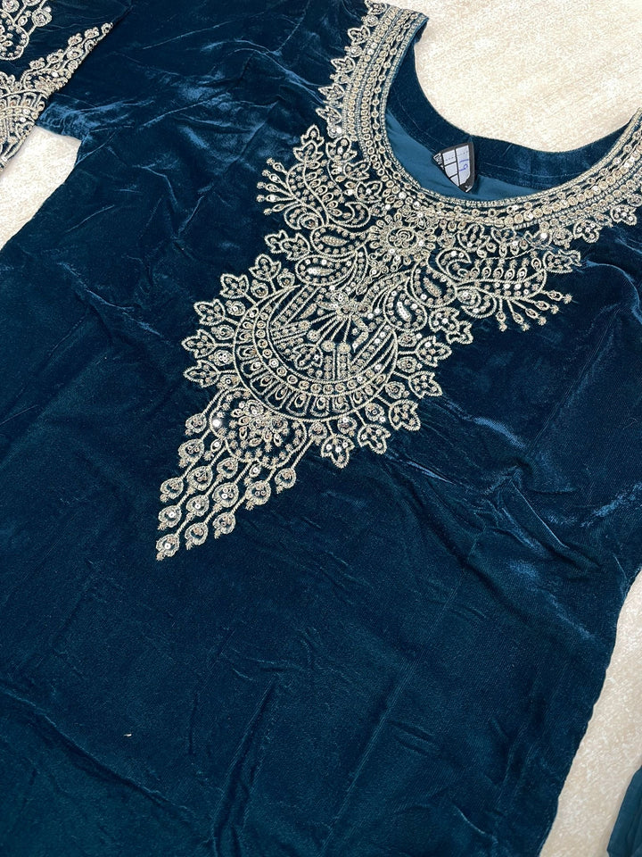 Zayrah - Teal Velvet Kameez with Plazo - Embroidered & Gem work - 3Pcs