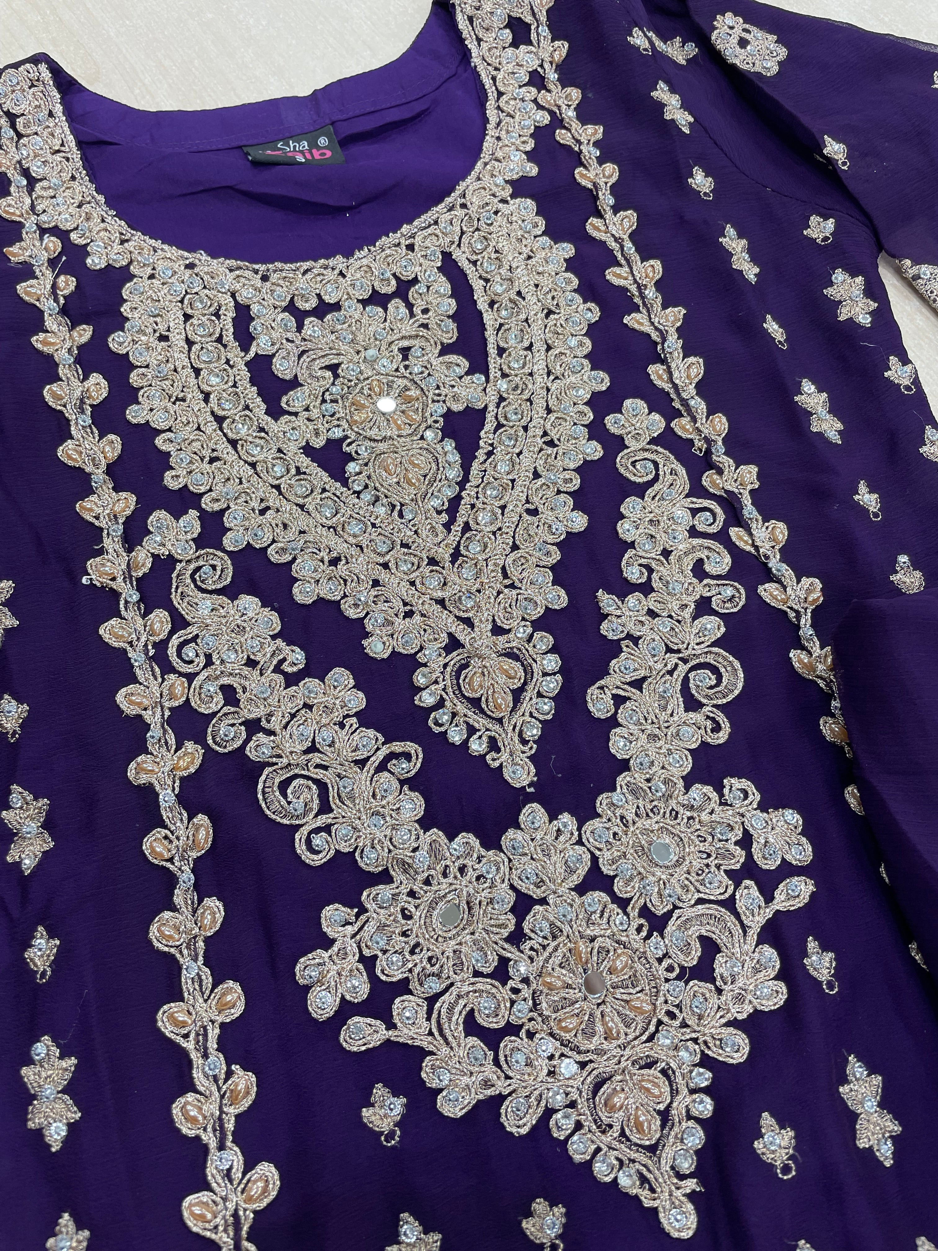 Purple embroidered Plazo - Rose Gold Embroidered & Gem work - 3Pcs