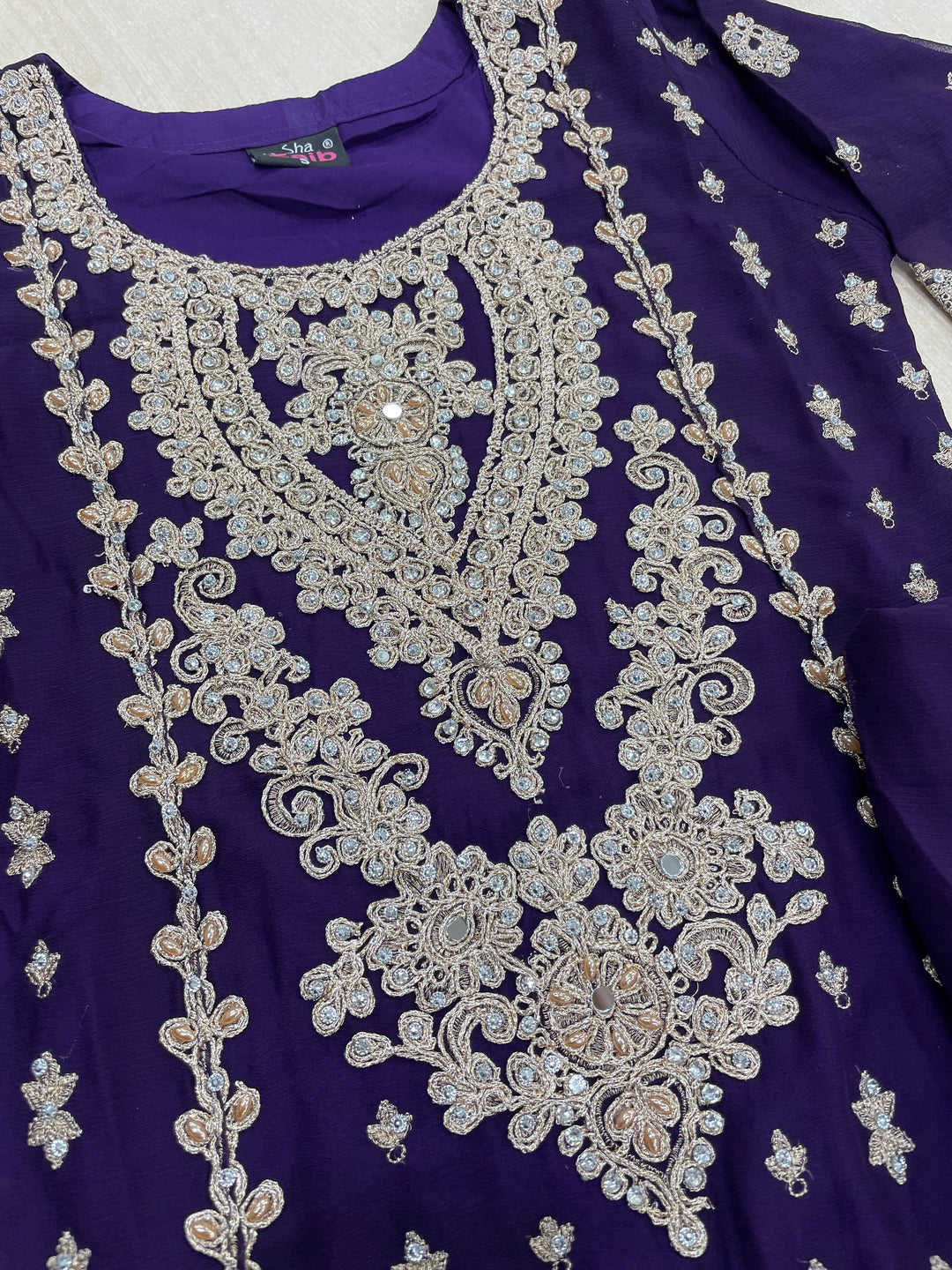 Aisha - Purple embroidered Plazo - Rose Gold Embroidered & Gem work - 3Pcs