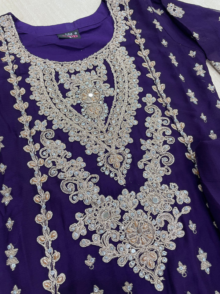 Aisha - Purple embroidered Plazo - Rose Gold Embroidered & Gem work - 3Pcs