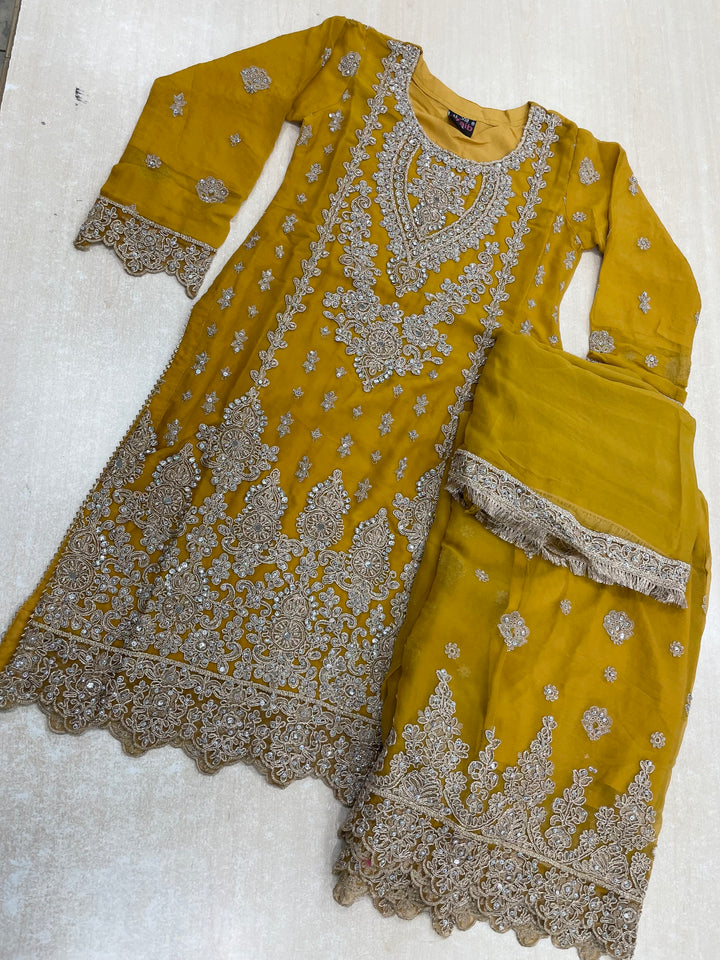 Aisha - Mustard embroidered Plazo - Rose Gold Embroidered & Gem work - 3Pcs