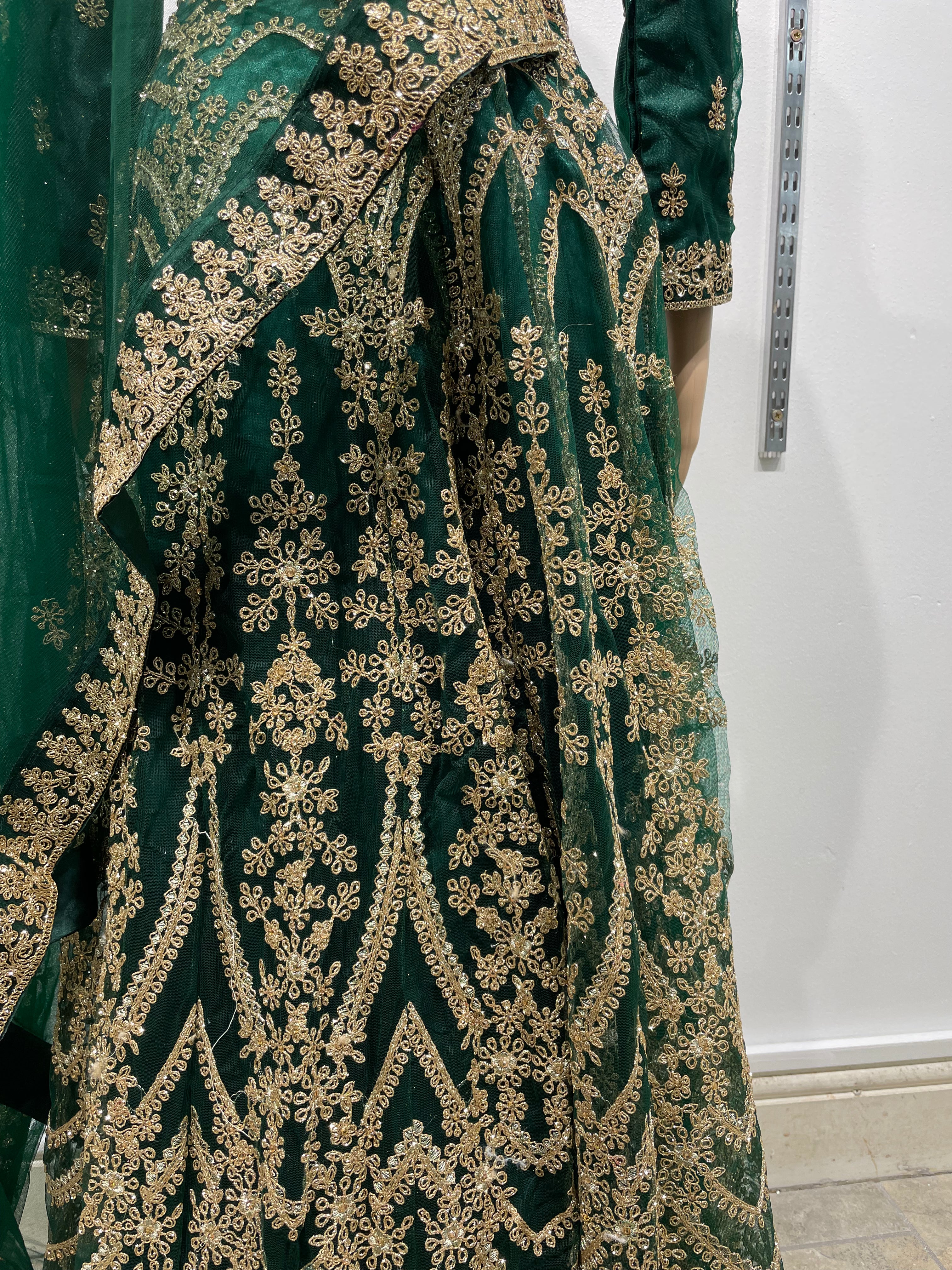 Emerald Green Heavy Embroidered Gown with Front Split