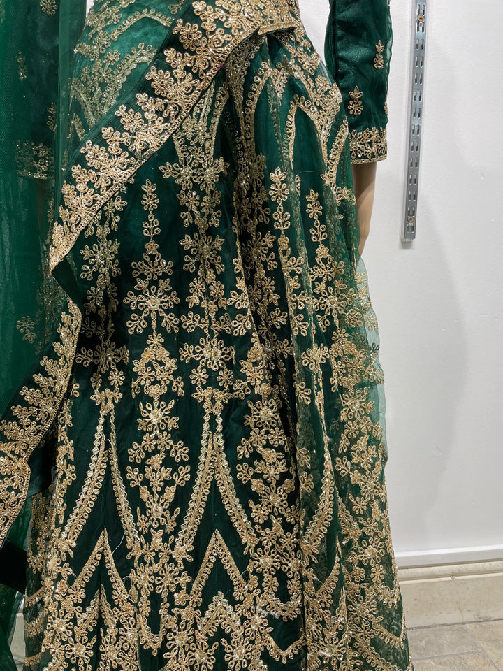 Meher - Dark Green Heavy Embroidered Gown with Front Split - 3pcs