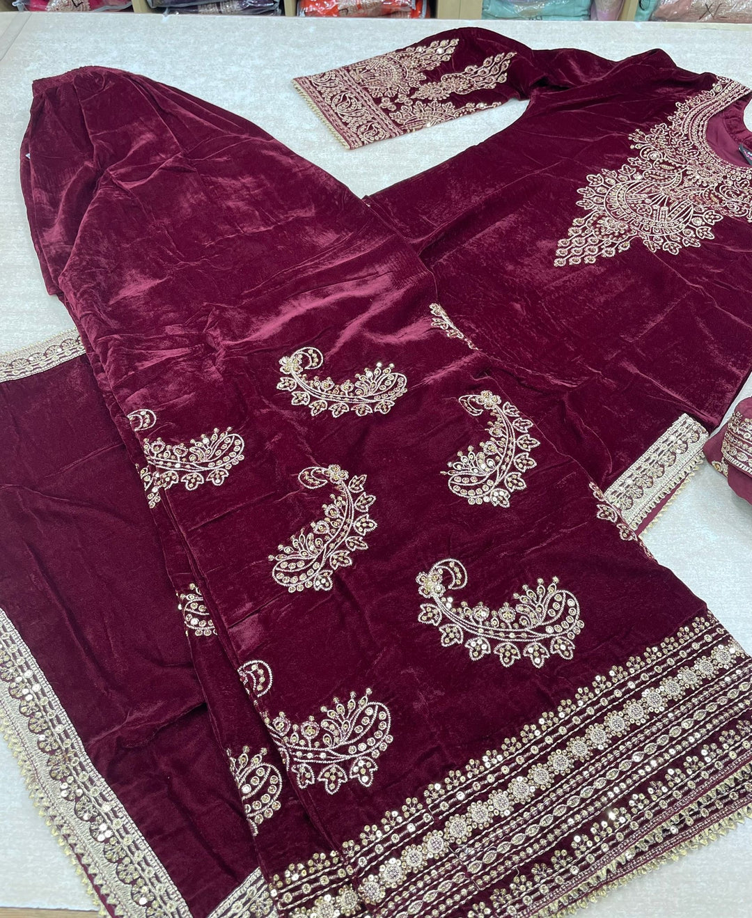 Zayrah - Maroon Velvet Kameez with Plazo - Embroidered & Gem work - 3Pcs