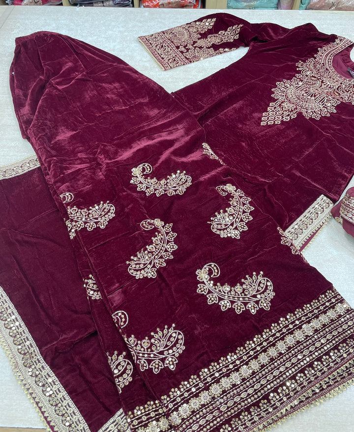 Zayrah - Maroon Velvet Kameez with Plazo - Embroidered & Gem work - 3Pcs