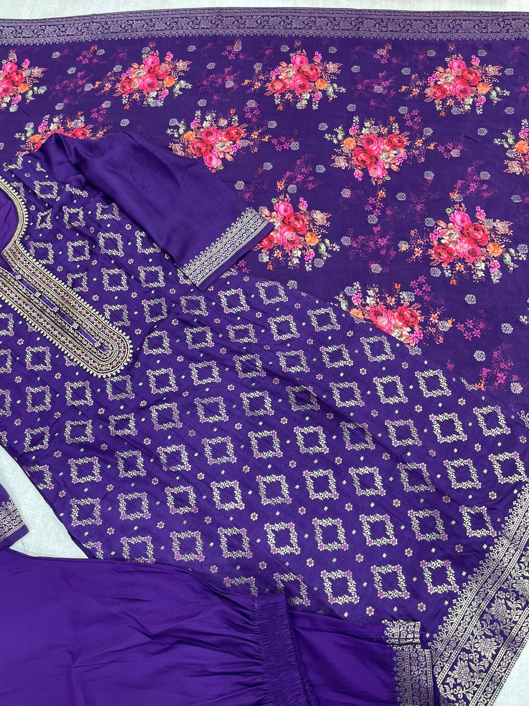 Aleena - Purple Pure Viscose Dola with Embroidery Work & Digital Print Scarf - 3 Pcs