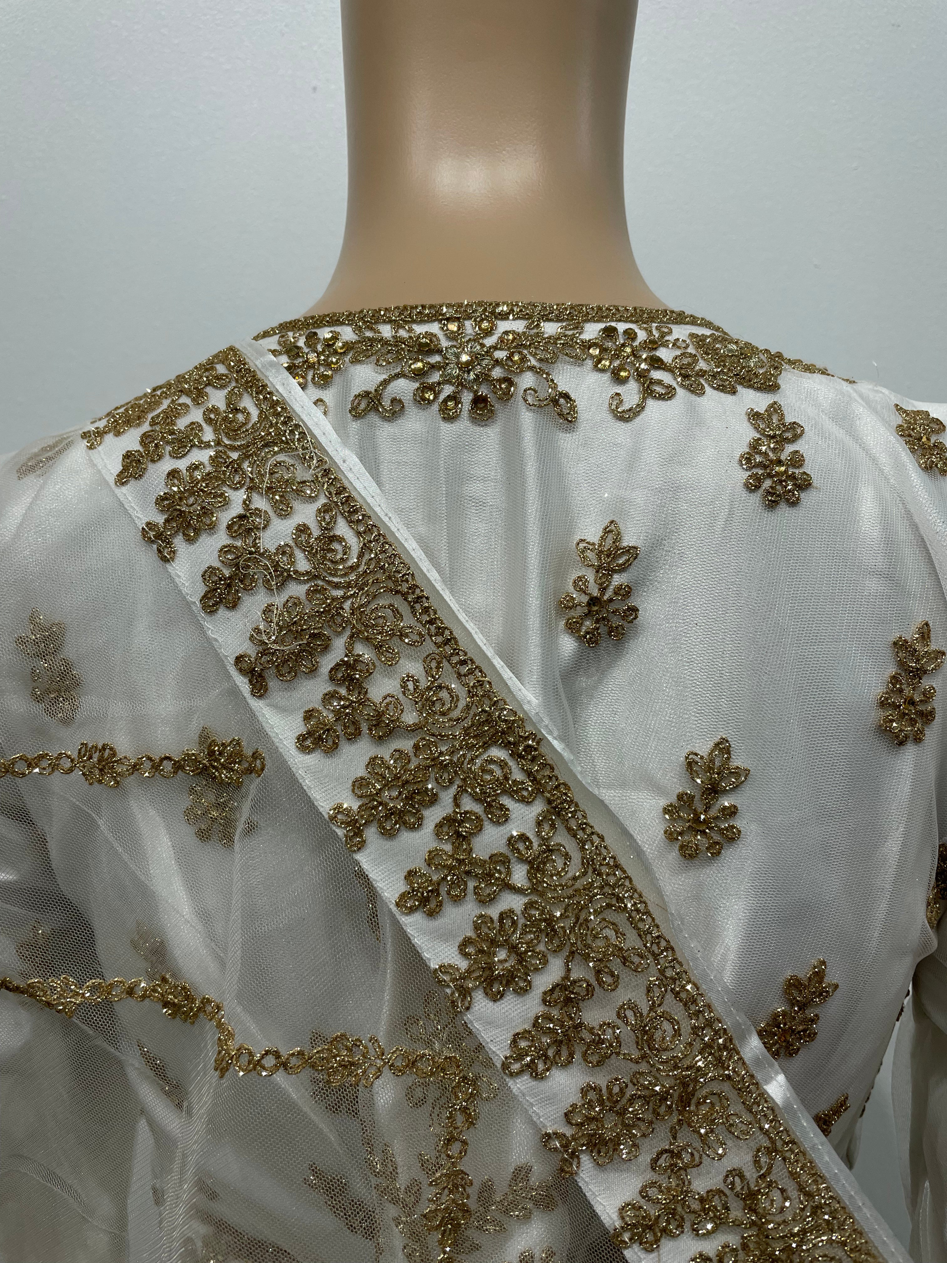 White Heavy Embroidered Gown with Front Split
