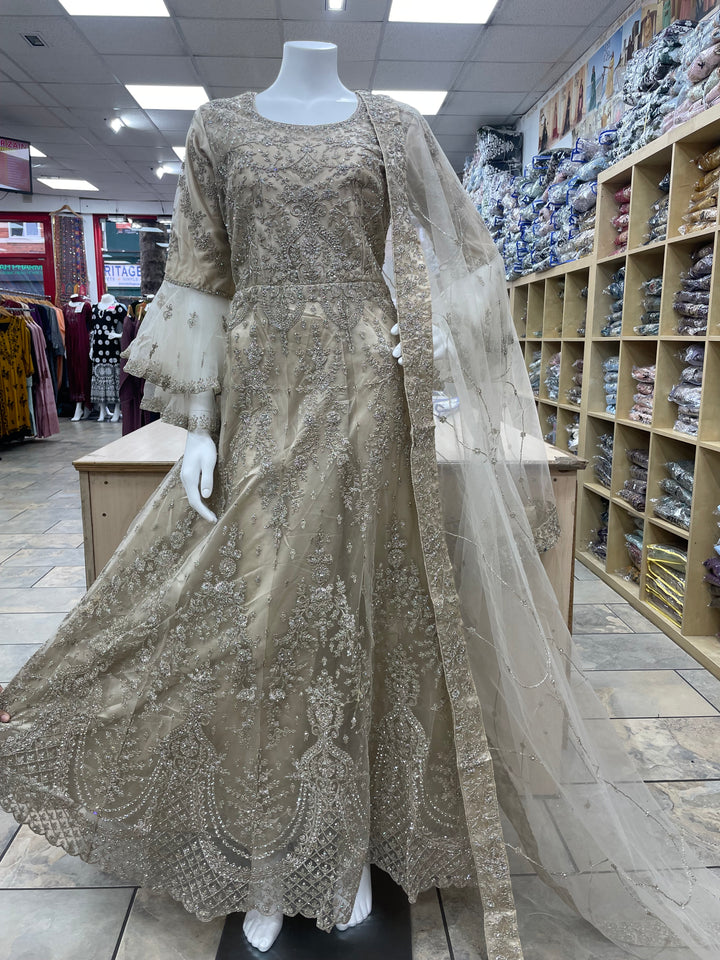 Jannah - Champagne Gold Heavy Embroidered Net Party Gown with Bell Sleeves/White Gold Embroidered - 3pcs