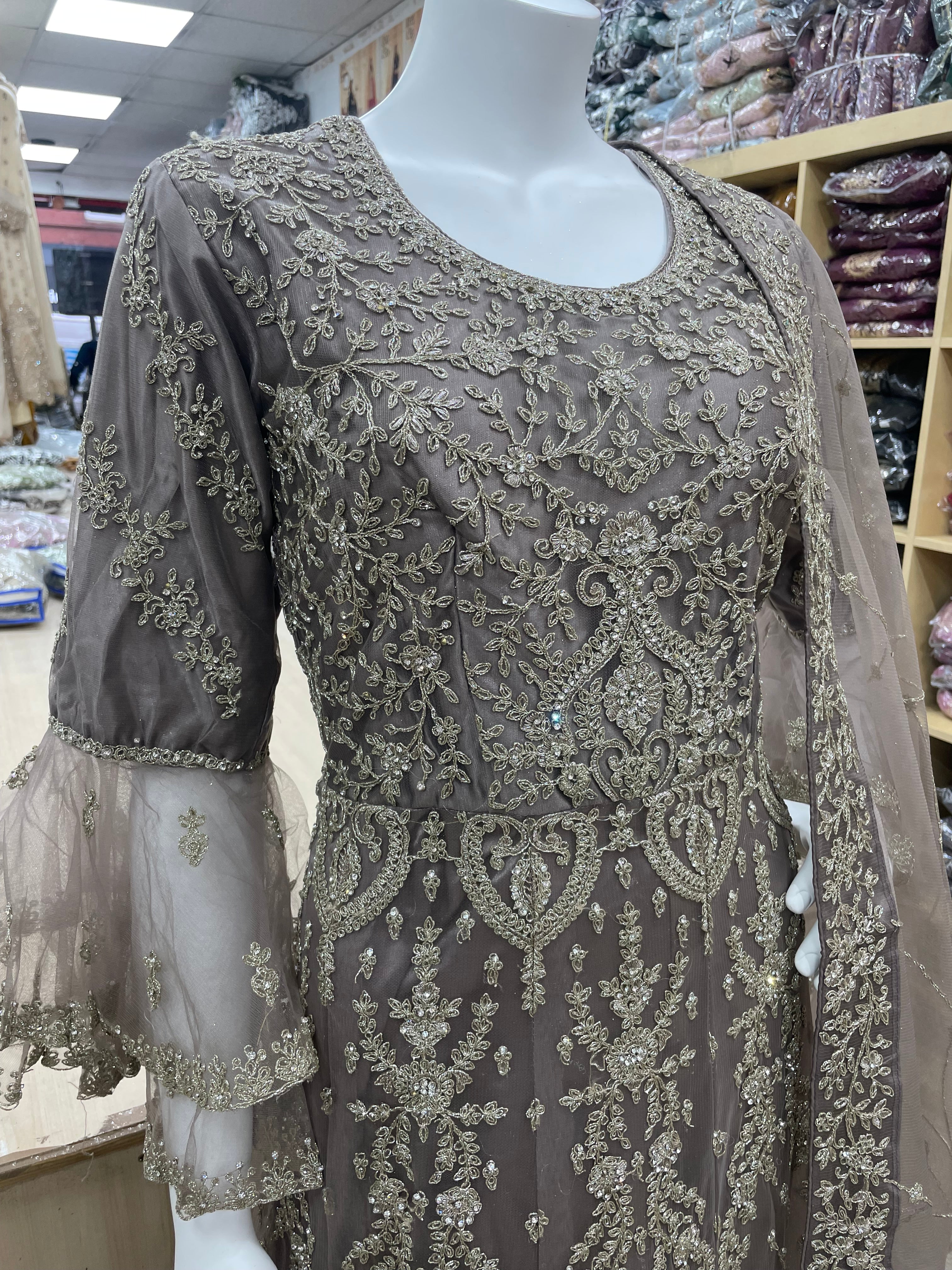 Stone Grey Heavy Embroidered Gown with Bell Sleeve