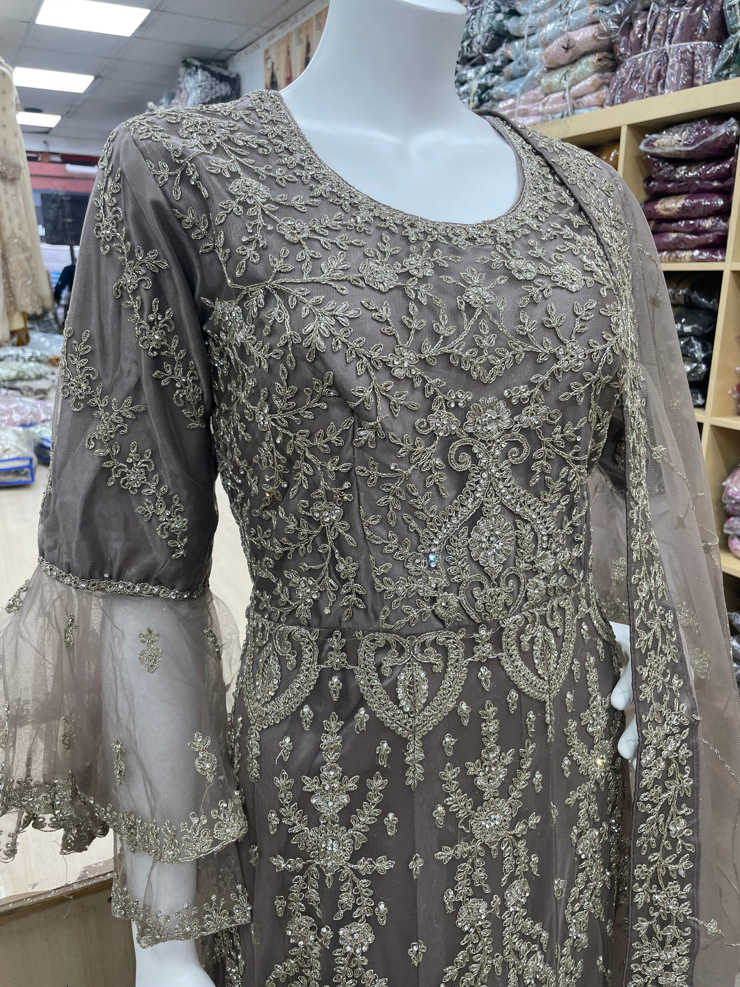 Jannah - Stone Grey Heavy Embroidered Net Party Gown with Bell Sleeves/White Gold Embroidered - 3pcs