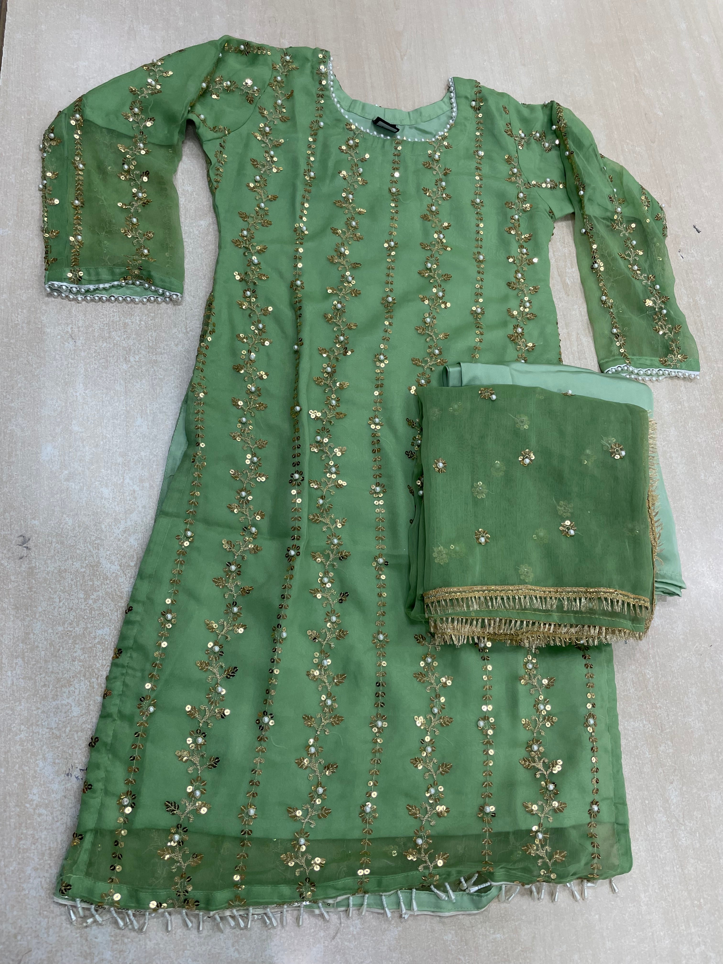 Green Chiffon Shalwar kameez with Gold Embroidery & Gem work - 3pcs