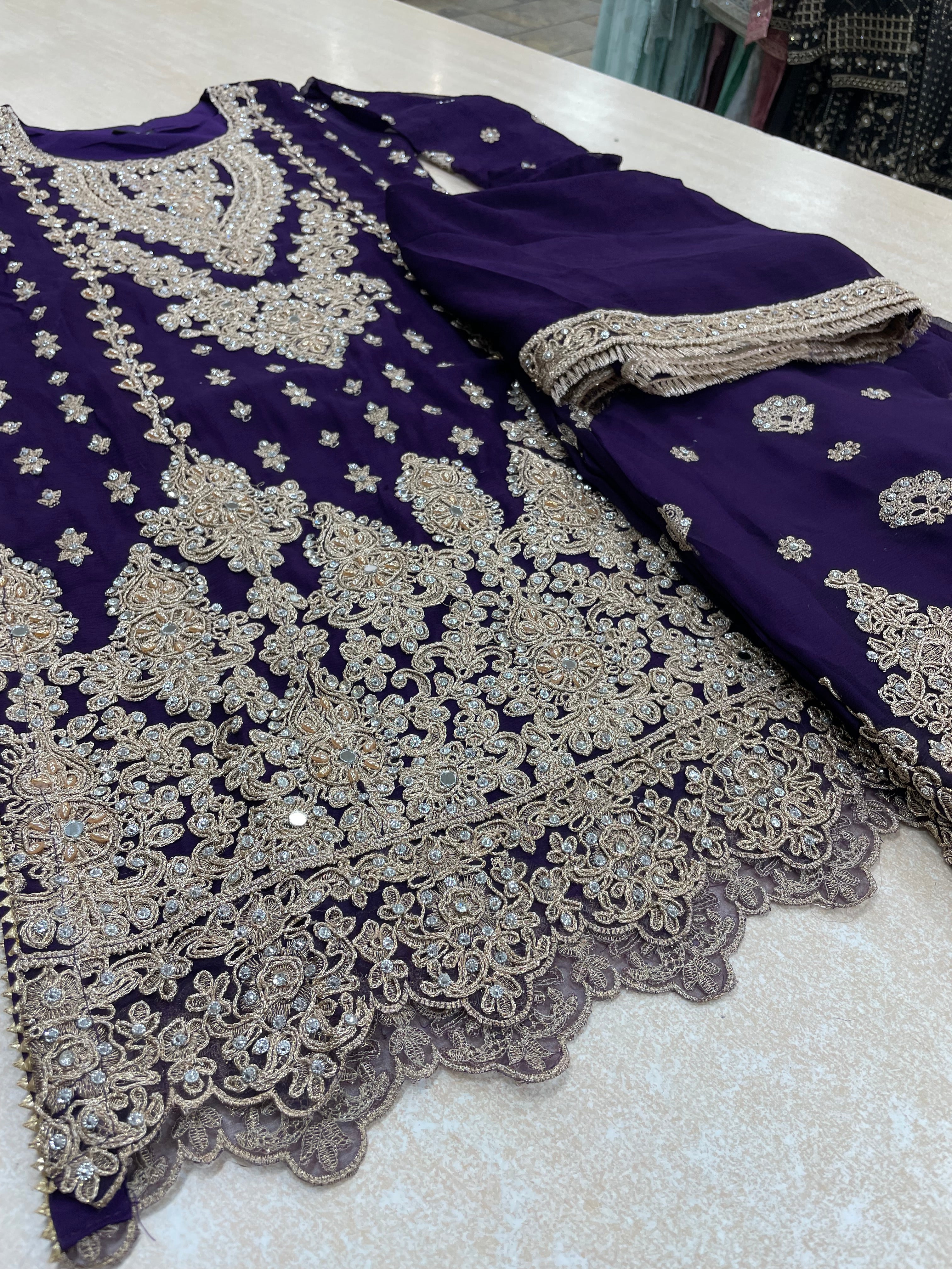 Purple embroidered Plazo - Rose Gold Embroidered & Gem work - 3Pcs