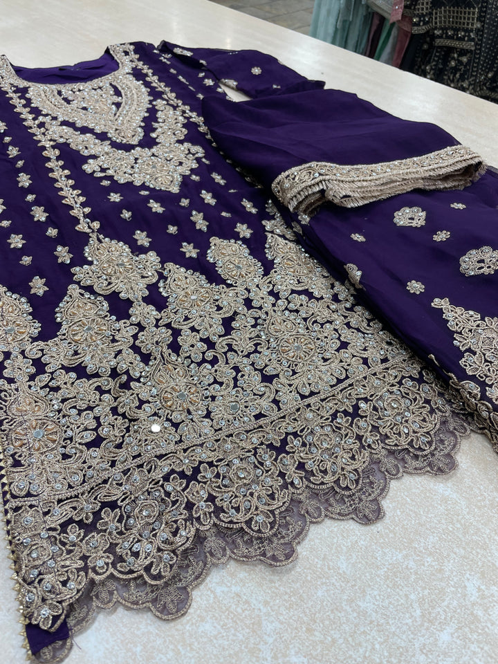 Aisha - Purple embroidered Plazo - Rose Gold Embroidered & Gem work - 3Pcs