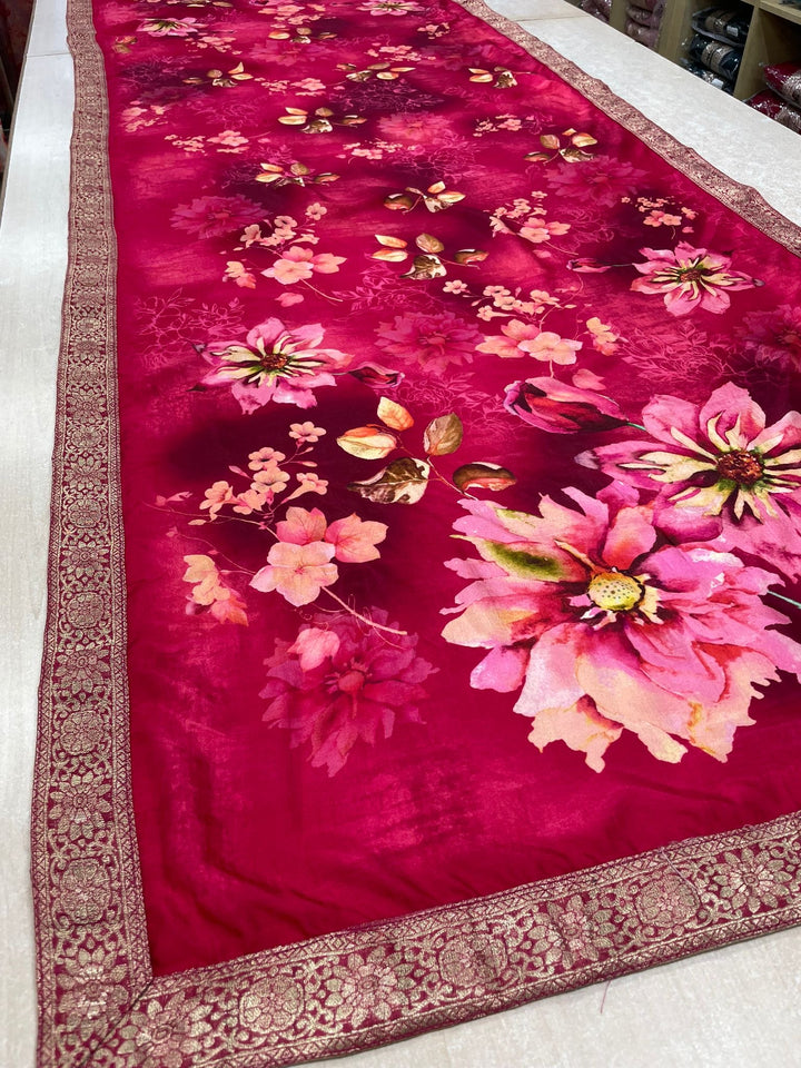 Floral Elegance – Cerise Pink Digital Print Dupatta with Zari Border