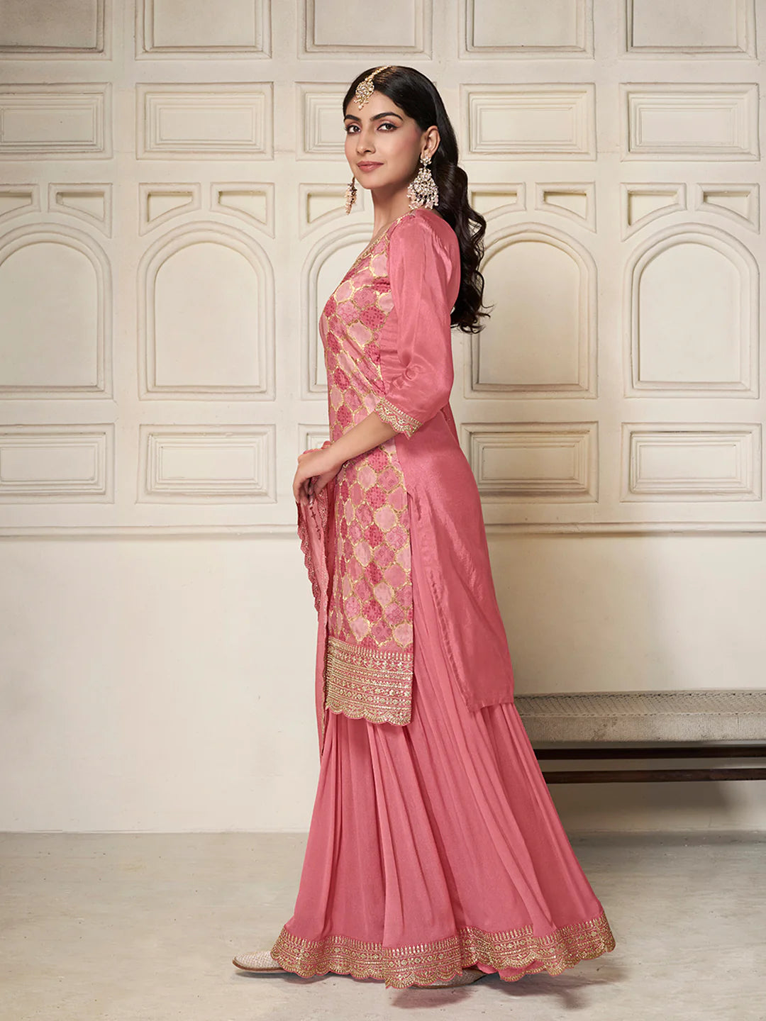 Abeer – Pastel Pink Dola Silk Printed Kurta with Sequinned Plazo Dupatta – 3 Pcs