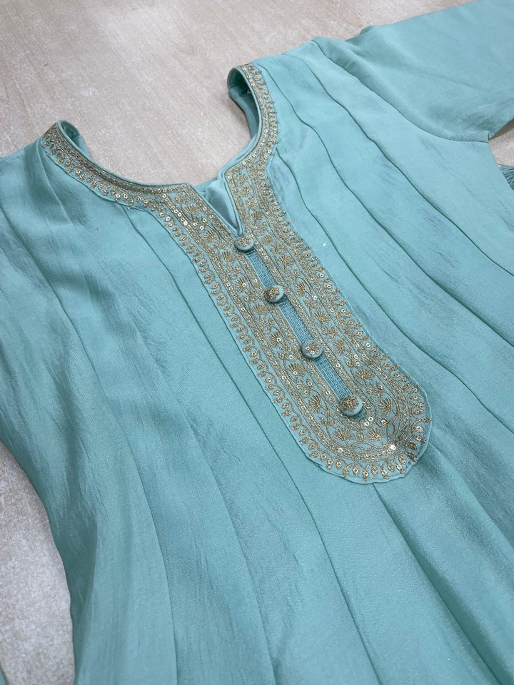 Aasma - Turquoise Bhagalpuri Silk Frock with Digital Print Dupatta - 2pcs