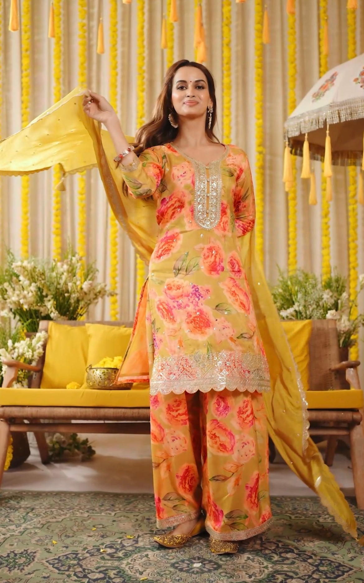 N7 - Mustard - Pure Silk Plazo Kameez with Georgette Dupatta - 3pcs