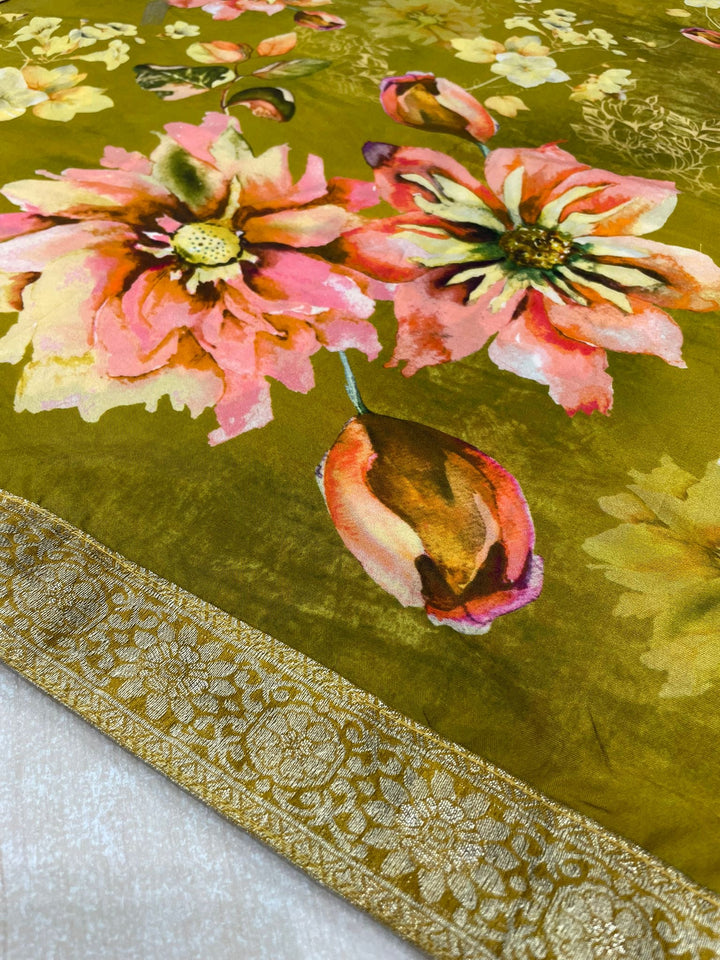 Floral Elegance – Mustard Yellow Digital Print Dupatta with Zari Border