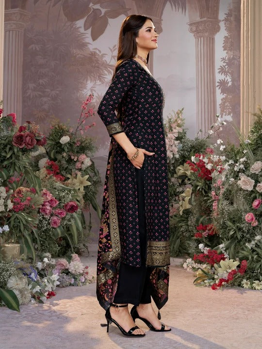 Sara – Black Russian Silk Kurta Set with Digital Print Work Paired with Russian Silk Digital Printed Duppatta – 3 Pcs
