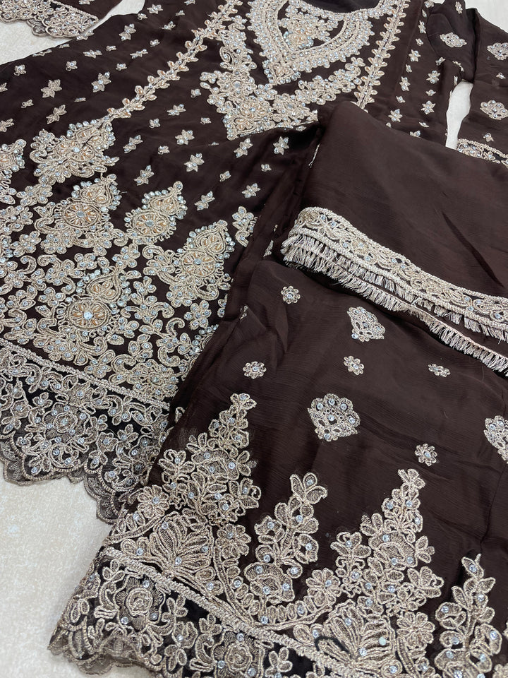 Aisha - Brown embroidered Plazo - Rose Gold Embroidered & Gem work - 3Pcs