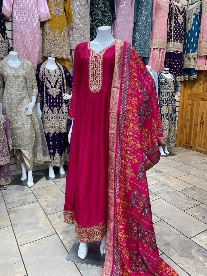 Dunya – Cerise Pink Bhagalpuri Silk Anarkali with Digital Print Dupatta – 2 Pcs