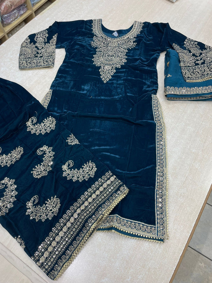 Zayrah - Teal Velvet Kameez with Plazo - Embroidered & Gem work - 3Pcs