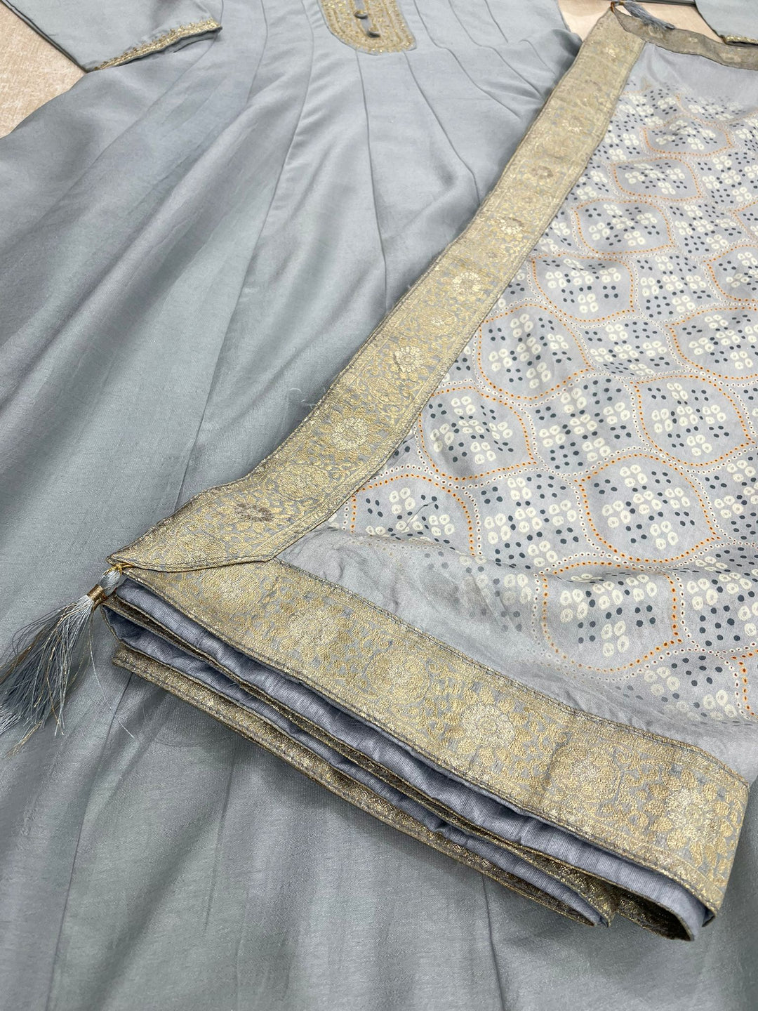 Aasma - Grey Bhagalpuri Silk Frock with Digital Print Dupatta - 2pcs