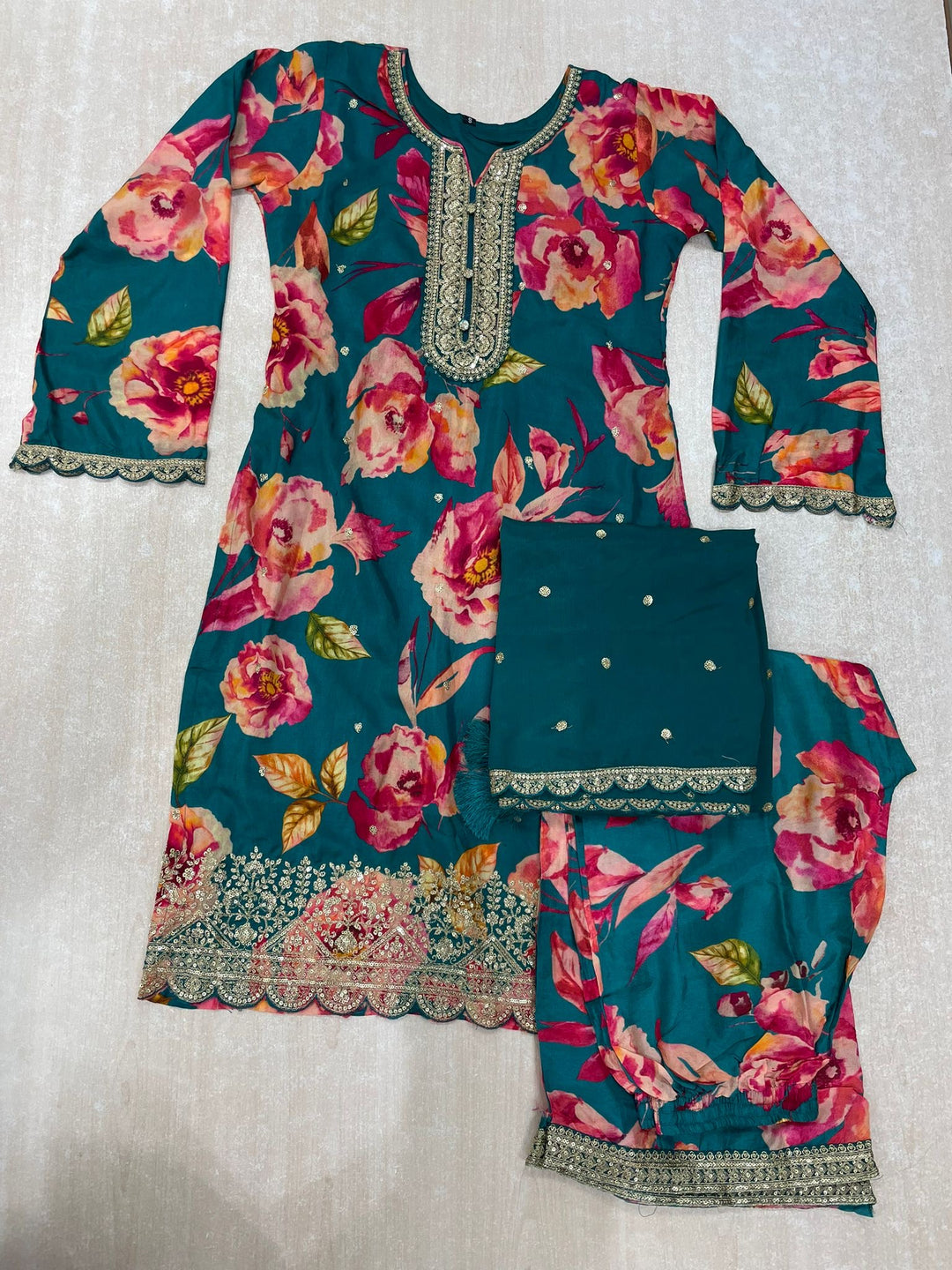 Nura - Teal - Pure Silk Printed Plazo Kameez with Georgette Dupatta - Co-ord - 3pcs