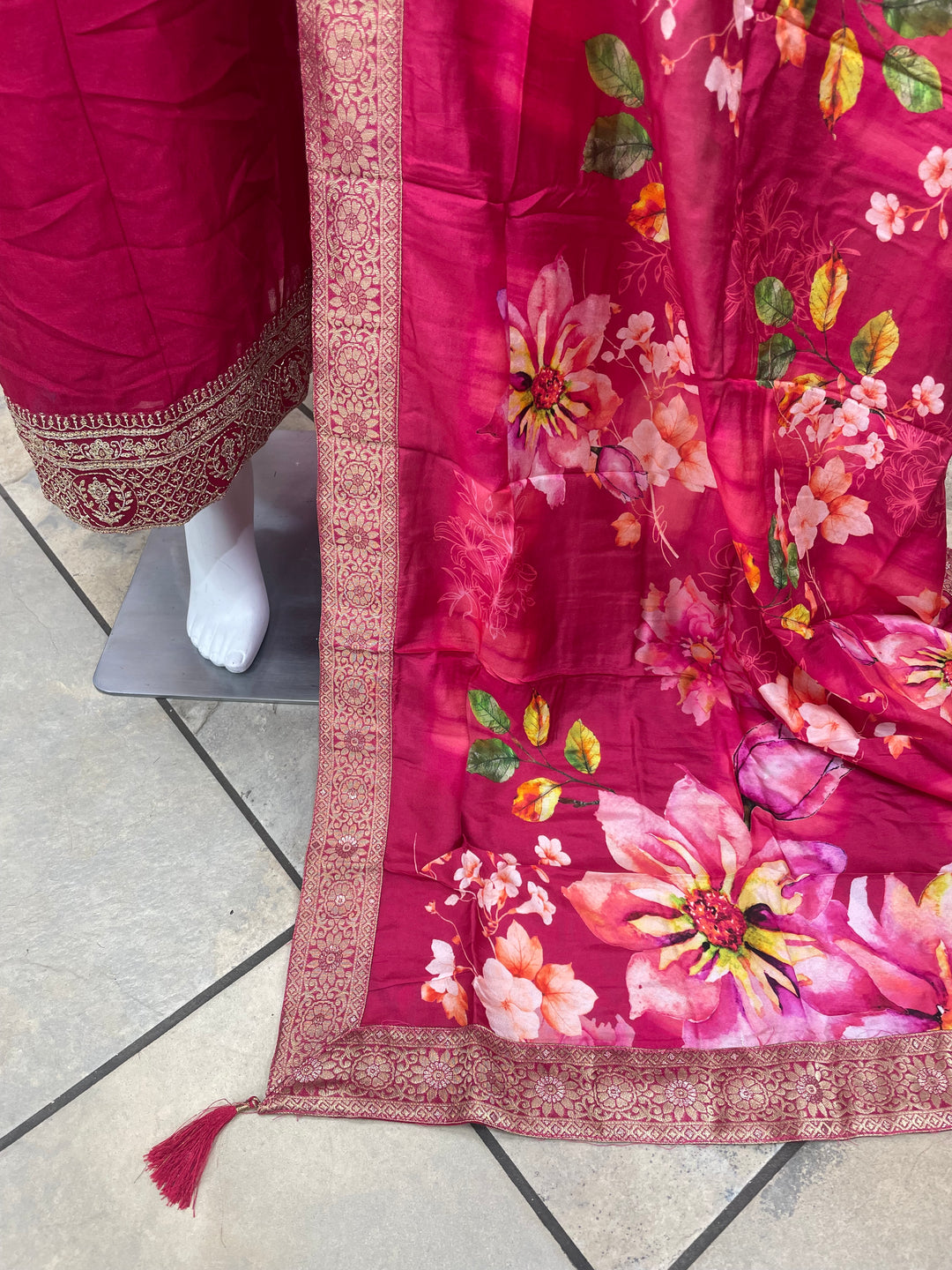 Isra – Cerise Pink Bhagalpuri Silk Anarkali with Digital Print Dupatta – 2 Pcs