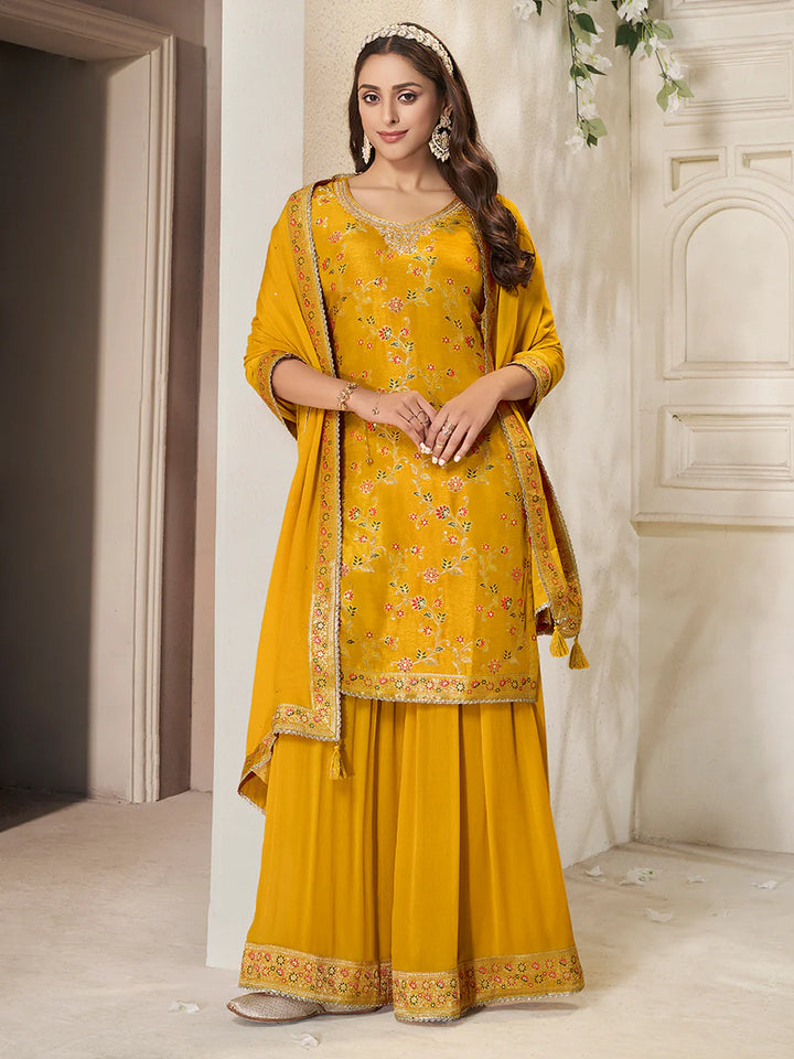Sitara – Yellow Dola Silk Floral Jacquard Kurta with Plazo & Dupatta – 3 Pcs