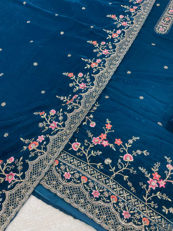 Zoya - Teal Velvet Kameez - Embroidered & Gem work - 3Pcs