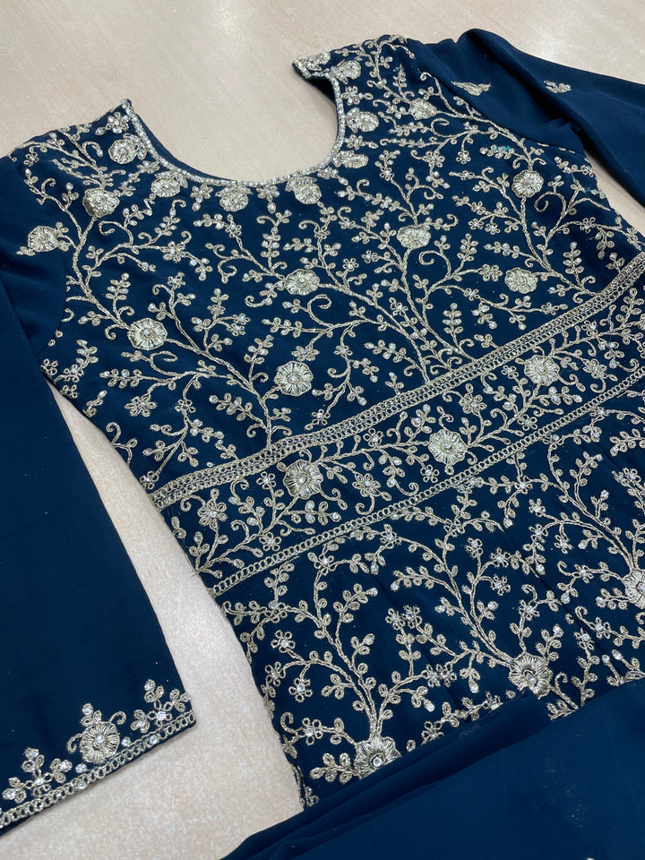 Amani - Navy Blue Embroidered Chiffon Gown - White Gold Embroidery - 3pcs