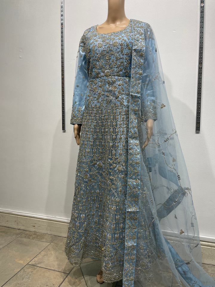 Yusra - Sky Blue Heavy Embroidered Net Party Gown with White Gold Embroidered - 3pcs