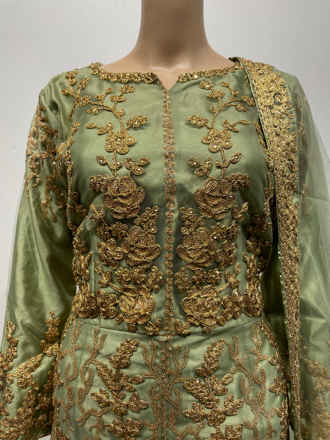 Meher - Mendhi Green Heavy Embroidered Gown with Front Split - 3pcs