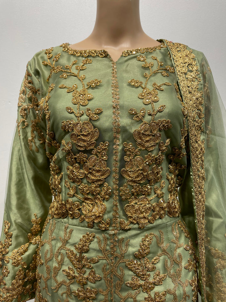 Meher - Mendhi Green Heavy Embroidered Gown with Front Split - 3pcs