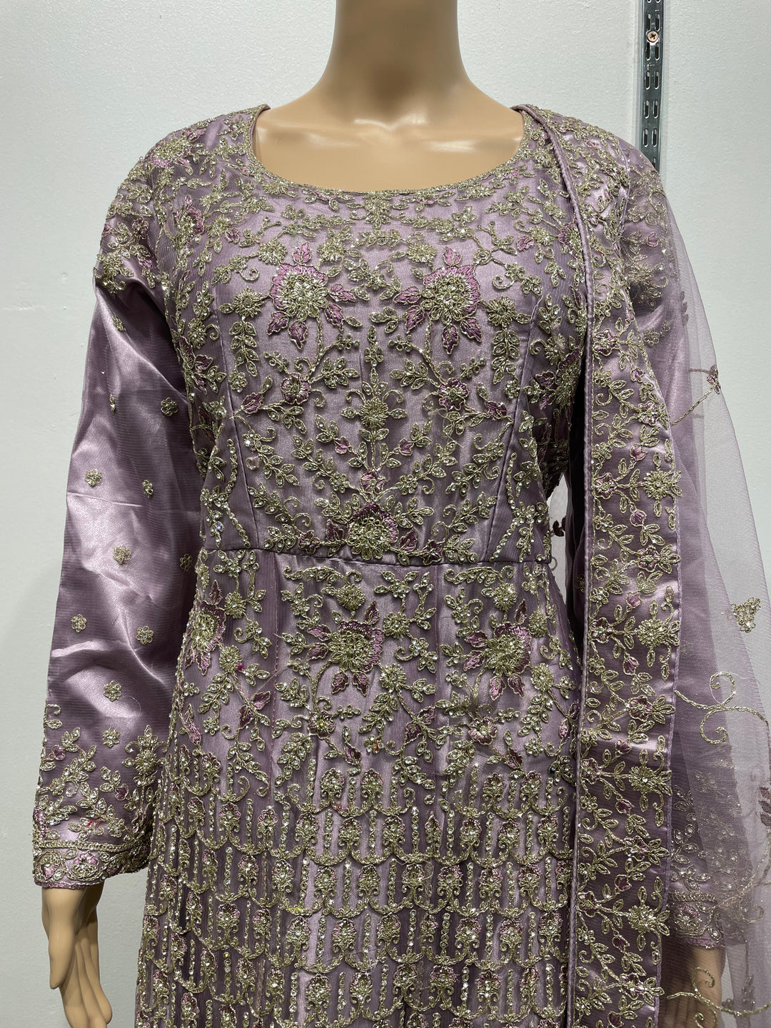 Yusra - Dusky Lavender Heavy Embroidered Net Party Gown with White Gold Embroidered - 3pcs