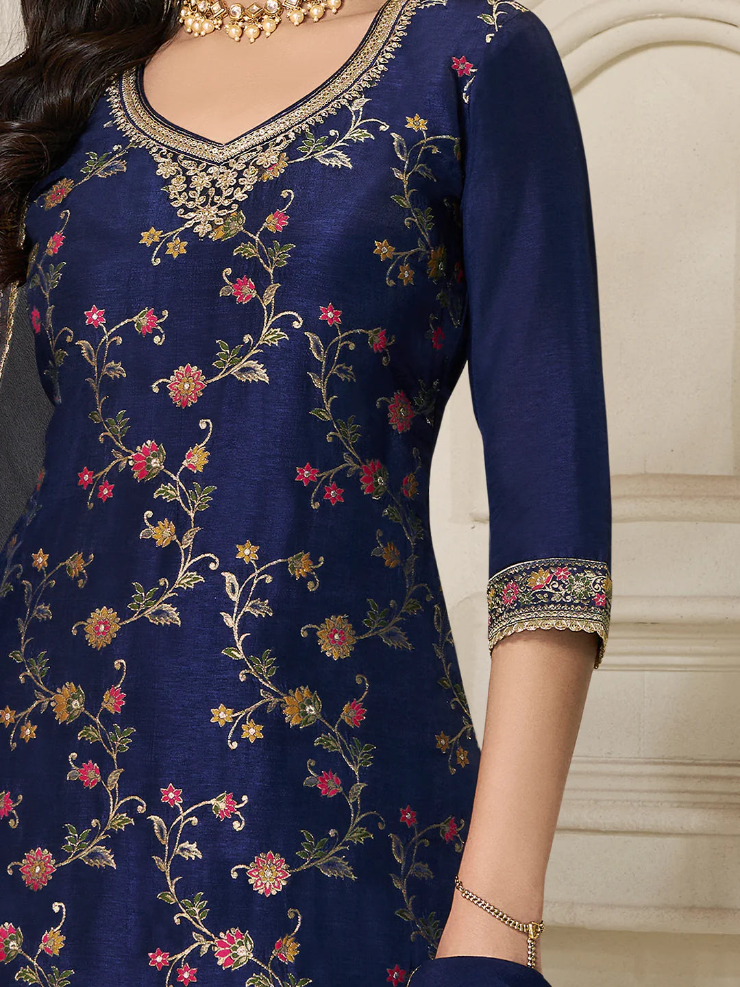 Sitara – Navy Blue Dola Silk Floral Jacquard Kurta with Plazo & Dupatta – 3 Pcs