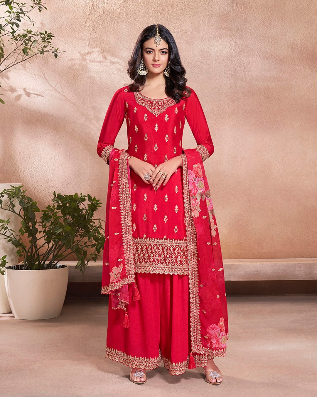 Mahira – Red Sequins Embroidered Kurti Plazo Set with Digital Floral Dupatta – 3 Pcs