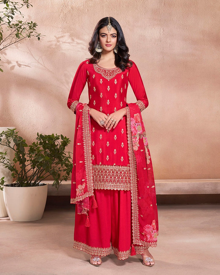 Mahira – Red Sequins Embroidered Kurti Plazo Set with Digital Floral Dupatta – 3 Pcs