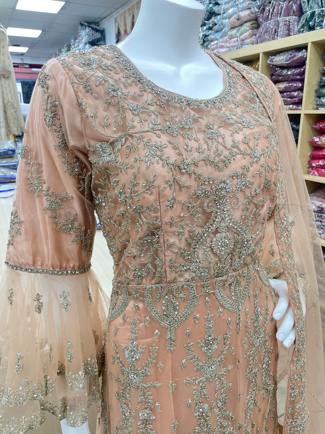 Jannah - Peach Heavy Embroidered Net Party Gown with Bell Sleeves/White Gold Embroidered - 3pcs