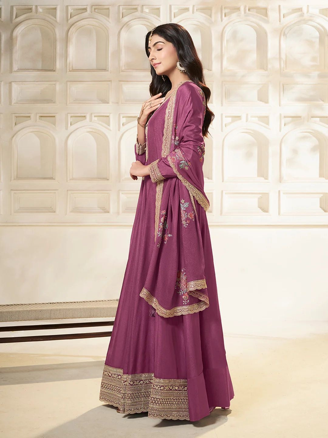 Amal – Purple Chinon Embroidered Anarkali Suit with Scalloped Dupatta - 2pcs