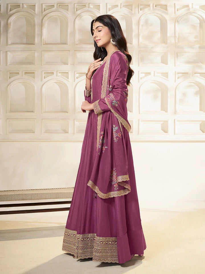 Amal – Purple Chinon Embroidered Anarkali Suit with Scalloped Dupatta - 2pcs
