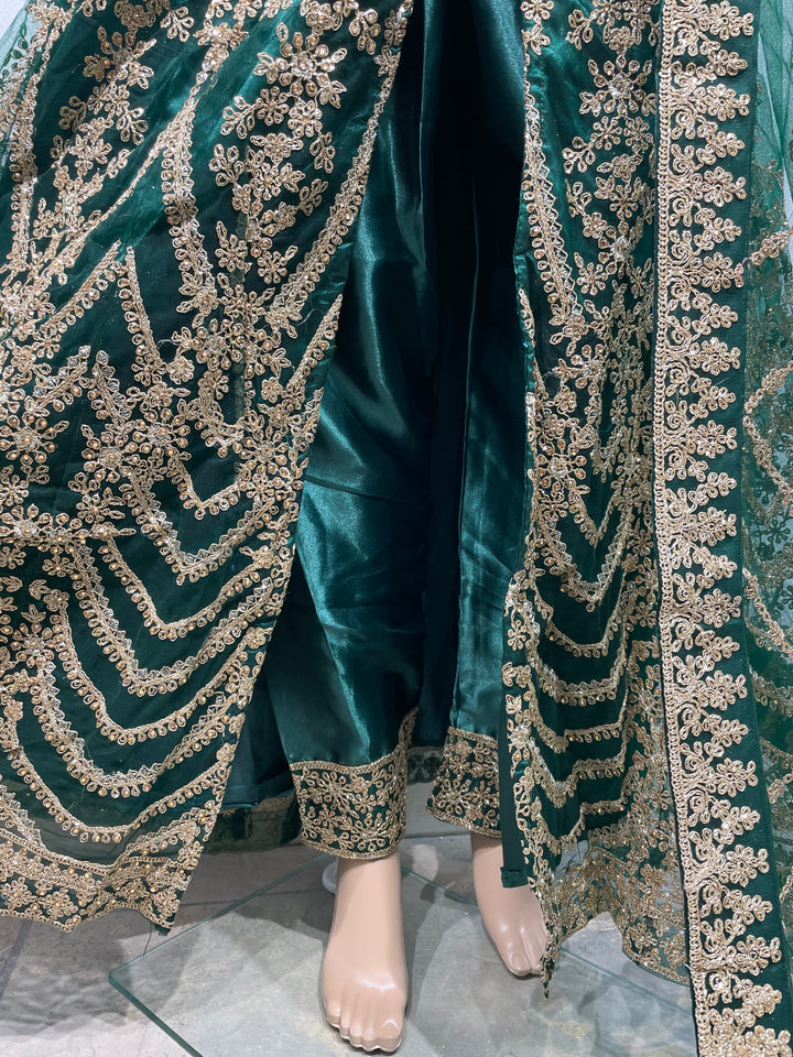 Meher - Dark Green Heavy Embroidered Gown with Front Split - 3pcs
