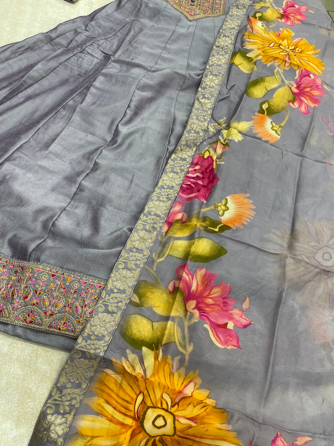 Aaliyah - Lilac embroidered anarkali With with print scarf - 3 Pcs